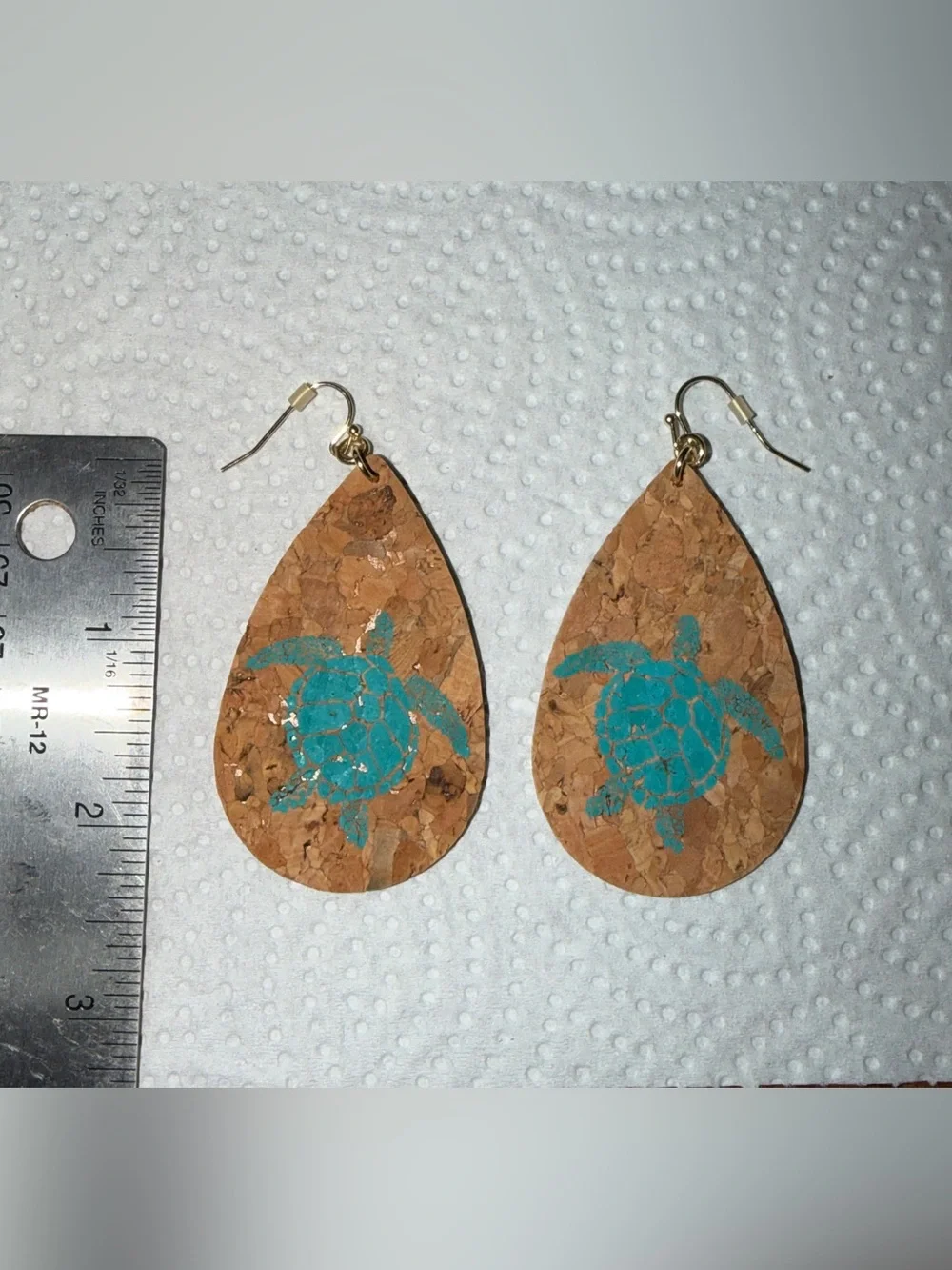 Cork Teardrop Earrings with Turquoise Sea Turtle Print - Unbranded